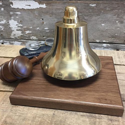 Polished Brass Stock Market Bell on Walnut Base