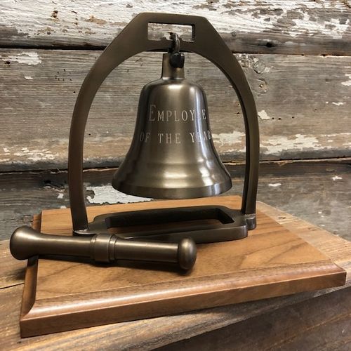 Antiqued Brass Engravable Desk Bell on Walnut Base (4 Inch Bell)